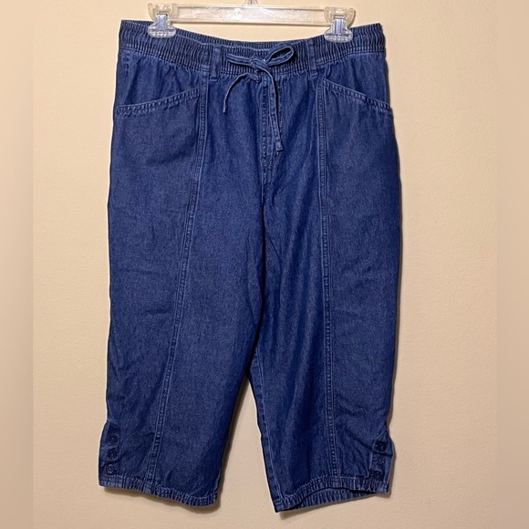Erika Y2K blue drawstring elastic waist button on legs capri jeans Sz PL - Picture 3 of 6